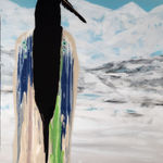 Acrylic painting of one figure of ambiguous nattive origin against a mountain range and blue sky background by artist Fran J Nagy