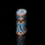 Antique Chinese Opium Box in Cloisonné Enamel, decorated with Floral Motifs and Interior Scenes, 19th Century