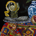 Detail photo of the oil painting still life against a dark background by Sabrina Bockler