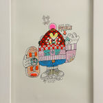 A piece by Ferris Plock of one of his illustrative characters wearing headphones and riding a skateboard. The character is wearing very vivid colorful and pattern filled clothing.