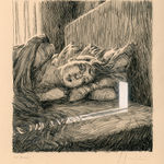 drawing of a figure in bed with the shadow of a small man coming from a door of light by Miles Johnston