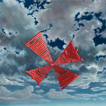 Painting of clouds with the words I STRADDLE THE GREAT BRINY BAY AND WARM MY HANDS OVER THE ANXIETY RADIATING FROM THE CITY’S CORE in a cross shape in bright pink