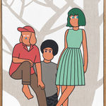 Painting of three figures sitting on a gray tree with a white background