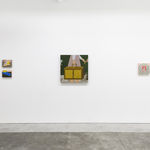 Installation view of Angela Burson's exhibition "Close Encounters" at Hashimoto Contemporary San Francisco depicting (from left to right): "Footward," "Blue Shoes, "Room 715," and "Pink Bow"