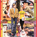 A hand painted poster for the film "Bout De Souffle" depicting different stills from the film, the two main characters are walking in the center of the poster.