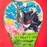 Painting of a vase on a red background with two characters from Pokemon