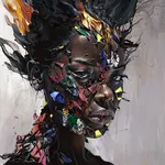 portrait of a black woman with ripples of comic book scenes coming through her face