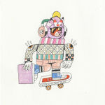 A piece by Ferris Plock of one of his illustrative characters wearing headphones and riding a skateboard. The character is wearing very vivid colorful and pattern filled clothing.