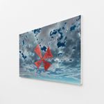 Painting of clouds with the words I STRADDLE THE GREAT BRINY BAY AND WARM MY HANDS OVER THE ANXIETY RADIATING FROM THE CITY’S CORE in a cross shape in bright pink