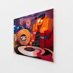 Painting of a studio set with a black and white swirling floor, a slide that is a long tongue coming out of a figures mouth, and veiny eye ball clock