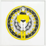 Circular painting in a square frame of a girl lifting her skirt in white frame