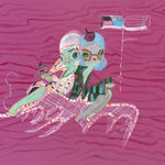 A painting by Kelly Tunstall of two girl characters in an illustrative style, each holding an object and on a bat-shaped object floating in the air.