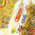 Detail shot of Mu Pan painting of animals and human hybrid creatures eating, fighting, sleeping, etc