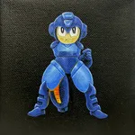 Painting of an animated figure wearing a blue helmet and blue armor holding a weapon