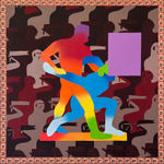 Painting of two figures fighting with a purple block covering the face of one of the figures