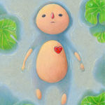 drawing of a figure floating in water with lily pads around