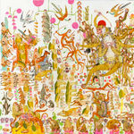 Detail shot of a painting by Mu Pan of creatures, animals and human hybrids eating, sleeping, killing, flying and climbing