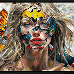 painting of a blond woman with tears in the image revealing comic book images over a light background framed