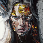 portrait of a blond woman whose face is splice with comic book imagery over a light background