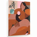 Abstract painting of a woman sitting next to a vase with two plants.