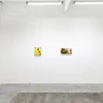 Installation view of Angela Burson's exhibition "Close Encounters" at Hashimoto Contemporary San Francisco depicting (from left to right): "News," and "Ghost Feet"