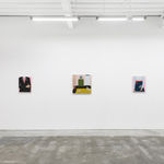 Installation view of Angela Burson's exhibition "Close Encounters" at Hashimoto Contemporary San Francisco depicting (from left to right): "Julien," "Levi, Chaos and Olive," and "Veronica"