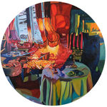 Circular painting of an abstract dining room table with candle sticks on the table and food under distorted light