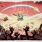 Painting of a floating person wearing a toga above a castle and monsters