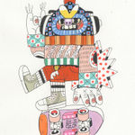 A piece by Ferris Plock of one of his illustrative characters wearing headphones and riding a skateboard. The character is wearing very vivid colorful and pattern filled clothing.
