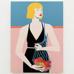 Painting of woman in black dress and a bag of citrus fruit by Jillian Evelyn