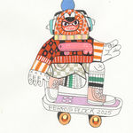 A piece by Ferris Plock of one of his illustrative characters wearing headphones and riding a skateboard. The character is wearing very vivid colorful and pattern filled clothing.