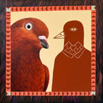 Painting of two pigeons, one realistic and one more animated.