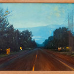 painting of a road at night with a mountain landscape in the background by Pat Perry