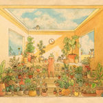 drawing a figure seated in a room surrounded by many plants