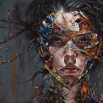 portrait of brunette woman whose face is spliced with images from comic books over a dark background