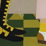 Angela Burson painting depicting two pairs of feet standing on a green and yellow checkerboard floor. Between them is a faintly visible pair of small floating feet.