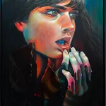 Portrait of a woman holding her hands to her bottom lip turning it out. She has long dark brown hair and eyes.