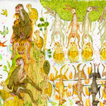 Detail shot of a painting by Mu Pan of creatures, animals and human hybrids eating, sleeping, killing, flying and climbing