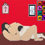 painting of a large nude woman laying on her back with her hands tucked under her with a smaller, nude man resting on top of her in a red room with a cross and colorful poster by Gina M. Contreras