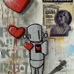grey robot with multiple red hearts coming out of his chest