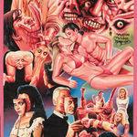 A hand painted movie poster for the film "Society" depicting many different characters and scenes from the films.