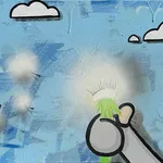 grey character against a blue sky with white clouds