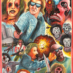 Painted poster for the movie "They Live" of men in sunglasses holding weapons fighting grey monsters