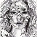 ink drawing of a woman with torn comic book piece across her faces
