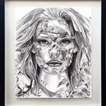 ink drawing of a woman with torn comic book piece across her faces