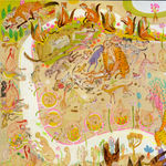 Detail shot of Mu Pan painting of animals and human hybrid creatures eating, fighting, sleeping, etc