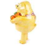 Katie Kimmel's ceramic sculpture of a dog holding fruit in a red checkered apron