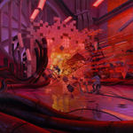 painting of an explosion inside of a laboratory