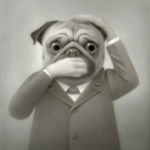 Painting of pug wearing a suit covering its mouth and top of head