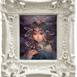 Painting of a female figure with red eyes in a cloud of purple smoke surrounded by purple and red moths in white frame